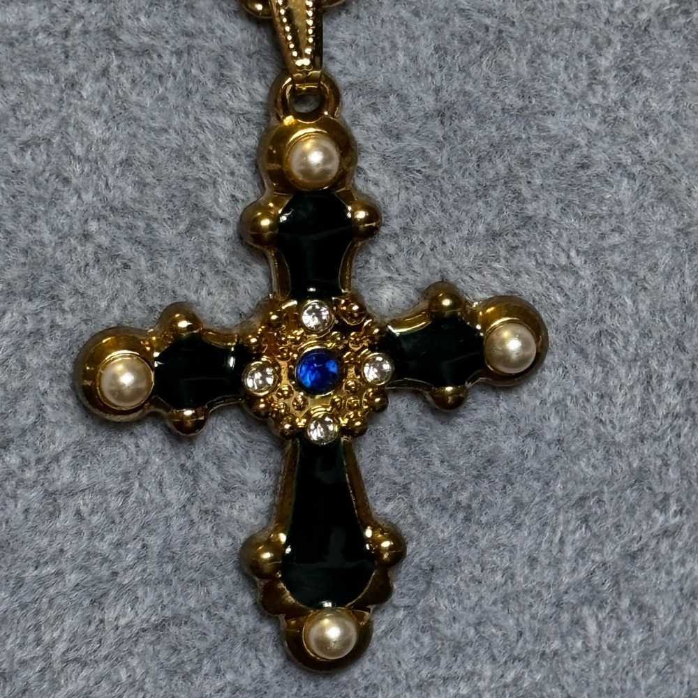 Gold-Tone dark blue Enamel Cross Pendant with Blue Crystal and Pearls